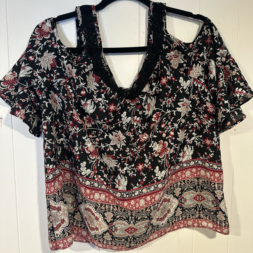 Elegant Black and Red Floral Blouse